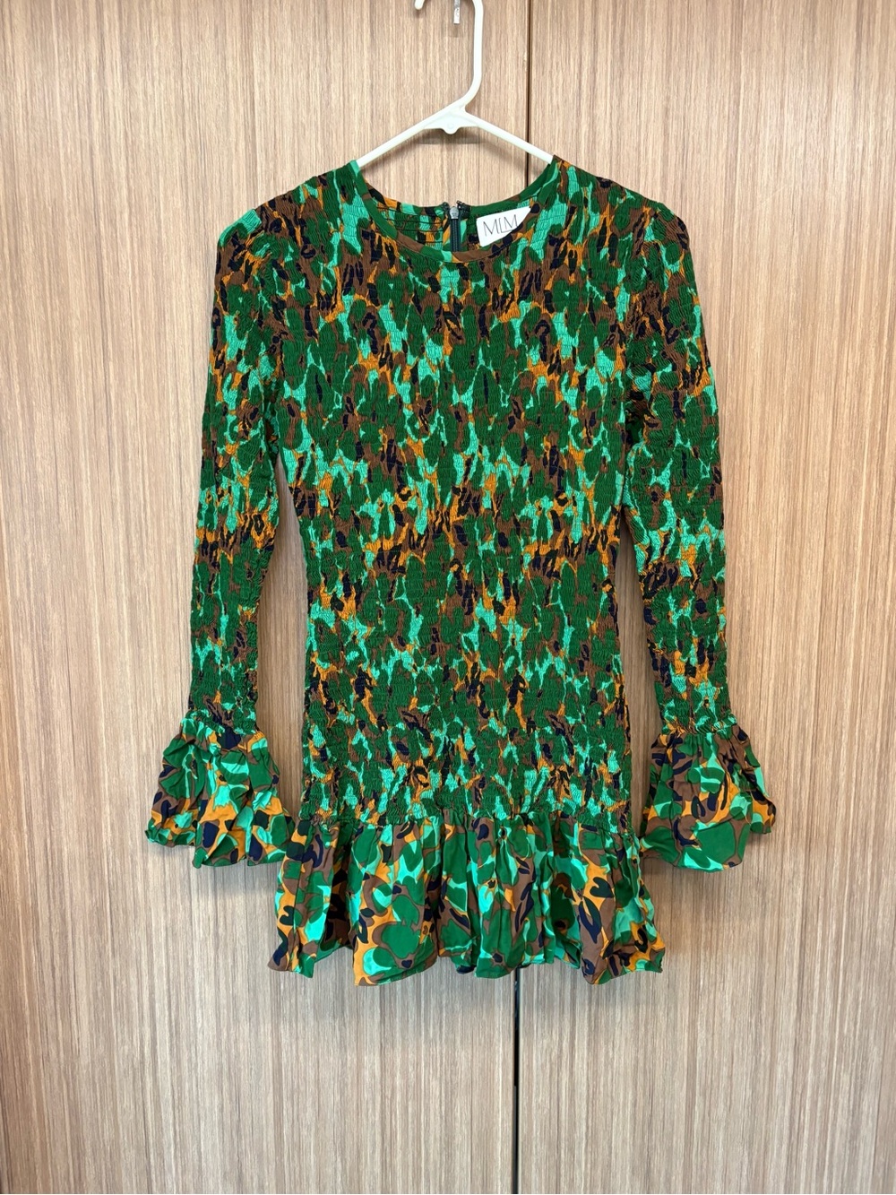MLM Green Multicolor Printed Long Sleeve Ruffle Dress